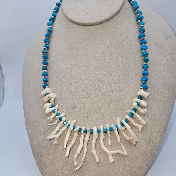 Natural White Branch Coral with Sleeping Beauty Turquoise Necklace